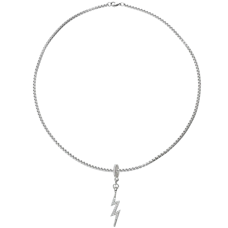 Silver thin chain with the LIGHTNING BOLT CLIP ON CHARM which is made of Pave Clip on Stainless steel 18k gold plated lighting bolt charm.