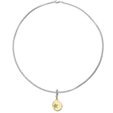 Silver necklace with the Drop Star Clip On Charm, a gold charm with a teardrop shape, a diamond-encrusted star, and a silver clip-on bale and also the celestial star charm.
